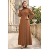 Neva Style 32150TB Boncuk İşlemeli Taba Tesettür Abiye Elbise