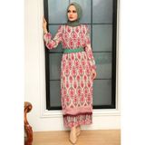 Neva Style 3536P Etnik Desenli Pembe Tesettür Elbise