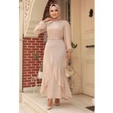 Neva Style 4566BEJ Volanlı Bej Tesettür Abiye Elbise
