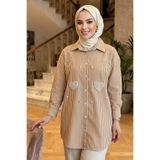 Neva Style Aplike Detaylı Çizgili Poplin Bisküvi Tesettür Gömlek 15743BS