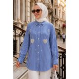 Neva Style Aplike Detaylı Çizgili Poplin Sax Mavisi Tesettür Gömlek 15743SX
