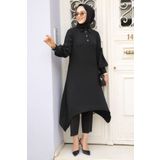 Neva Style - Asimetrik Detaylı Siyah Tesettür Tunik 615s