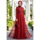 Neva Style - Boncuk Işlemeli Bordo Tesettür Abiye Elbise 9160br