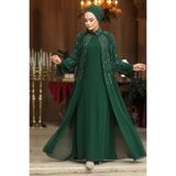 Neva Style Boncuk İşlemeli Zümrüt Yeşili Tesettür Abaya Takım 25903ZY