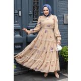 Neva Style Çiçek Desenli Bej Tesettür Elbise 32816BEJ