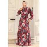 Neva Style - Çiçek Desenli Bordo Tesettür Elbise 279083br