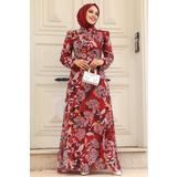 Neva Style - Çiçek Desenli Bordo Tesettür Elbise 27950br