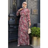 Neva Style - Çiçek Desenli Gül Kurusu Tesettür Elbise 29710gk