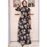 Neva Style - Çiçek Desenli Siyah Tesettür Elbise 27926s