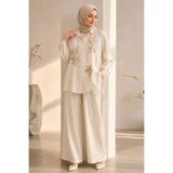Neva Style Çiçek Nakışlı Zara Saten Ekru Tesettür İkili Takım 15695E