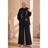 Neva Style Çiçek Nakışlı Zara Saten Siyah Tesettür İkili Takım 15695S