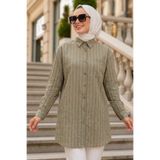 Neva Style Çizgili Bambu Açık Haki Tesettür Gömlek 15587AHK