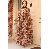 Neva Style Desenli Kahverengi Tesettür Elbise 23141KH
