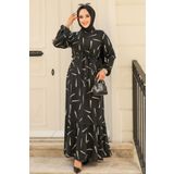 Neva Style Desenli Siyah Tesettür Viskon Elbise 23431S