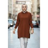 Neva Style Fitilli Kahverengi Tesettür Triko Tunik 65903KH