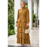 Neva Style İthal Krep Kat Kat Detaylı Yağ Yeşili Tesettür Elbise 95721YY