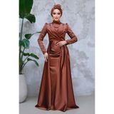 Neva Style Kuyruklu Koyu Kahverengi Tesettür Abiye Elbise 43381kkh