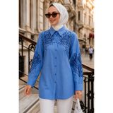 Neva Style Nakış Detaylı Poplin İndigo Mavisi Tesettür Gömlek 15697IM