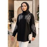 Neva Style Nakış Detaylı Poplin Siyah Tesettür Gömlek 15697S