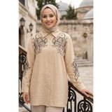Neva Style Nakış Detaylı Poplin Taş Tesettür Gömlek 15697TAS