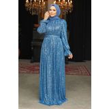 Neva Style Payetli Indigo Mavisi Tesettür Abiye Elbise 44961ım