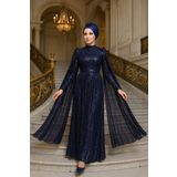 Neva Style Pelerin Detaylı Lacivert Payetli Tesettür Abiye Elbise 47551l