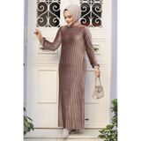 Neva Style Pileli Koyu Vizon Kadife Tesettür Elbise 22751KV