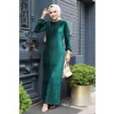Neva Style Pileli Zümrüt Yeşili Kadife Tesettür Elbise 22751ZY
