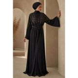 Neva Style Simetrik Nakış Detaylı Kuşaklı Siyah Tesettür Ferace 29143S