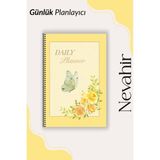 Nevahir Çiçek ve Kelebek Desenli Günlük Planlayıcı A5 90 gr Kalın Kağıt Helezon Ajanda Organizer - Sarı