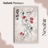 Nevahir Haftalık Planlayıcı Defteri A5 Spiralli 90 gr Karton Kapak Japon Çiçek Desenli - Bej