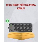 Nevamel® 10 Prizli Uzatma Kablosu Termal Koruma Usb Type-C Hızlı Şarj 2500W