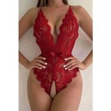 Nevamel® Kırmızı Özel Bölgesi Açık Fiyonklu Dantel Fantezi Body