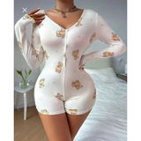 Nevamel® Pamuklu Beyaz Ayıcık Desenli Düğmeli Uzun Kol Tulum Pijama