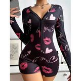 Nevamel® Pamuklu Kırmızı Öpücük Ve Kalp Desenli Düğmeli Uzun Kol Tulum Pijama
