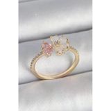 Nevamel® Pirinç Gold Renk Beyaz Mineli Pembe Zirkon Taşlı Çiçek Model Kadın Yüzük 5886