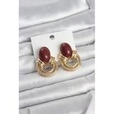 Nevamel® Pirinç Gold Renk Bordo Taşlı Vintage Kadın Küpe 5886