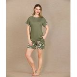 Nevamel® Şık Tasarım Çiçek Desenli Yeşil Şortlu Kısa Kol Viskon Pijama Takımı