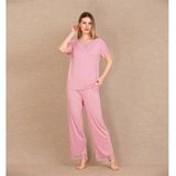 Nevamel® Viskon Şık Tasarım Dantel İşlemeli Pembe Kısa Kol Pijama Takımı