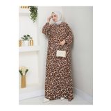 Nevayla Moda Desenli Önü Büzgülü Viskon Elbise - Taba / E0131