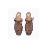 NE&VE SHOES Camel Hakiki Deri Pim Detaylı ve Tokalı Kadın Kare Burun Sabo Terlik