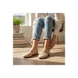 Ne&Ve Shoes Deri Biye Örgü Detaylı Tokalı Kadın Babet - Bej