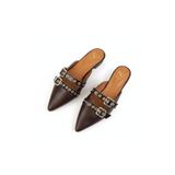 NE&VE SHOES Kahve Deri Rugan Atkı Detaylı İki Tokalı Kadın Sivri Burun Sabo Terlik