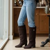 Ne&Ve Shoes Kahve Süet Deri Kadın Kalın Topuklu Çizme Şık Tasarım Orta Taban Genişliği