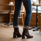 Ne&Ve Shoes Kahve Süet Hakiki Deri Kroko Garnili Kadın Kalın Topuklu Şık ve Rahat Bot