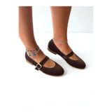 NE&VE SHOES Kahve Süet Hakiki Deri Yuvarlak Burunlu Tokalı Kadın Babet