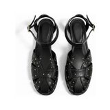 NE&VE SHOES Siyah Deri Kare Burunlu Pim Detaylı Kadın Günlük Sandalet