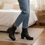 NE&VE SHOES Siyah Hakiki Deri Lastik Detaylı Kadın İçten Fermuarlı Bot