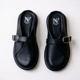 NE&VE SHOES Siyah Hakiki Deri Tokalı Kadın Günlük Rahat Sabo Terlik