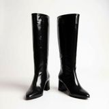 NE&VE SHOES Siyah Kırışık Rugan Sivri Burun Diz Altı Kadın Çizme